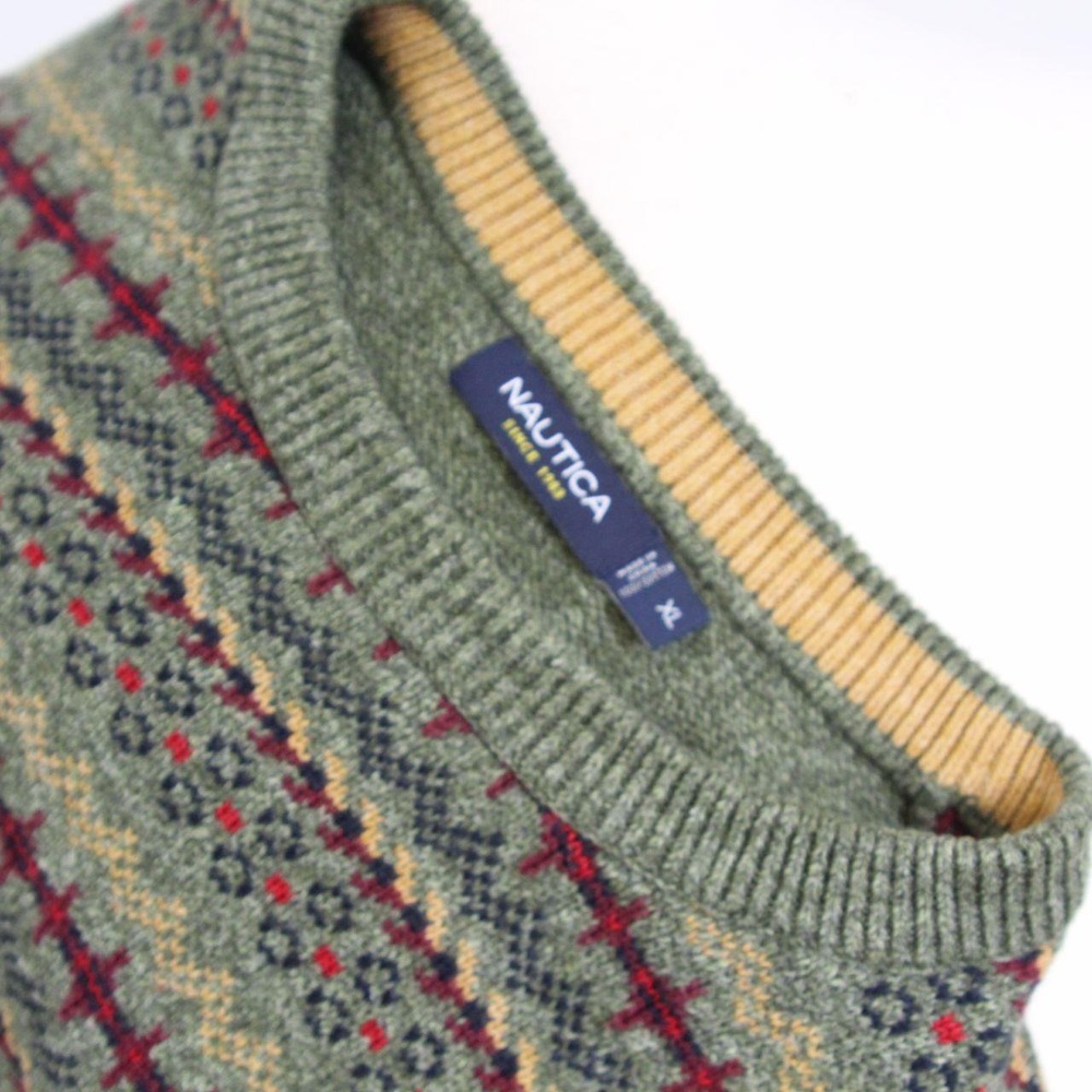 Nautica Men's XL Olive Fair Isle Grandpa Sweater 100% Cotton Retro Preppy - Picture 7 of 8